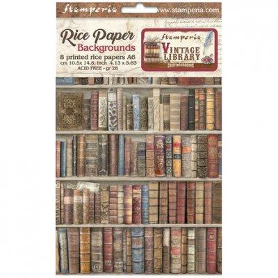 Vintage Library Rice Paper Backgrounds (8pcs) - Rispapper med bok- och bibliotekstema från Stamperia A6