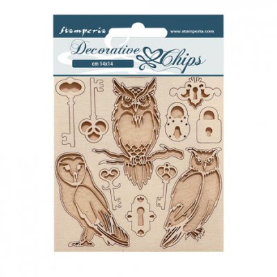 Vintage Library Decorative Chips Keys and Owls - Dekorationer med ugglor och nycklar från Stamperia 14x14 cm