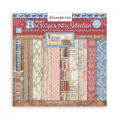 Vintage Library MAXI BACKGROUND Selection 12x12 Inch Paper Pack - Mönsterpapper med bibliotekstema från Stamperia 30x30 cm