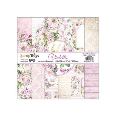 Violetta paperpad 24 vl+cut out elements-DZ VIOL-09 190gr - Mönsterpapper med lila blommor från ScrapBoys 15,2cmx15,2 cm