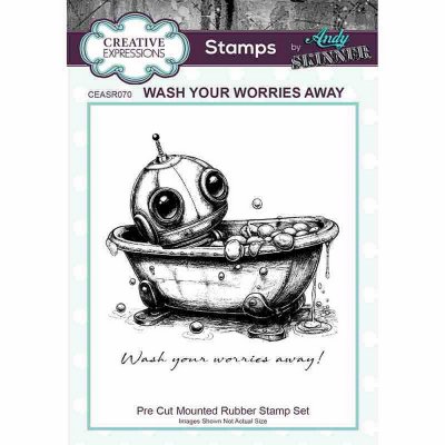 WASH YOUR WORRIES AWAY robot in a bath tub rubber stamp - Stämpel med robot från Andy Skinner Creative Expressions 10.9 cm x 9.6
