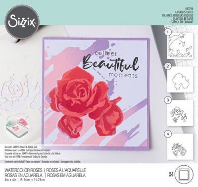 WATERCOLOR ROSES layered stencil kit - Lager på lager-schabloner med rosblomma från Oliva Rose Sizzix ca 15x15 cm