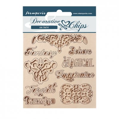 WRITING AND PLATES Magic Forest Decorative Chips - Ord och dekorationer från Stamperia 14x14 cm
