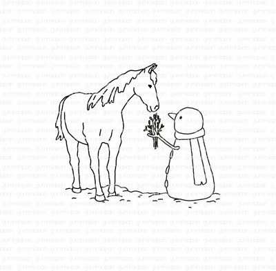 Yuki the snowman with a horse rubber stamp from Gummiapan 6,5x5,7 cm